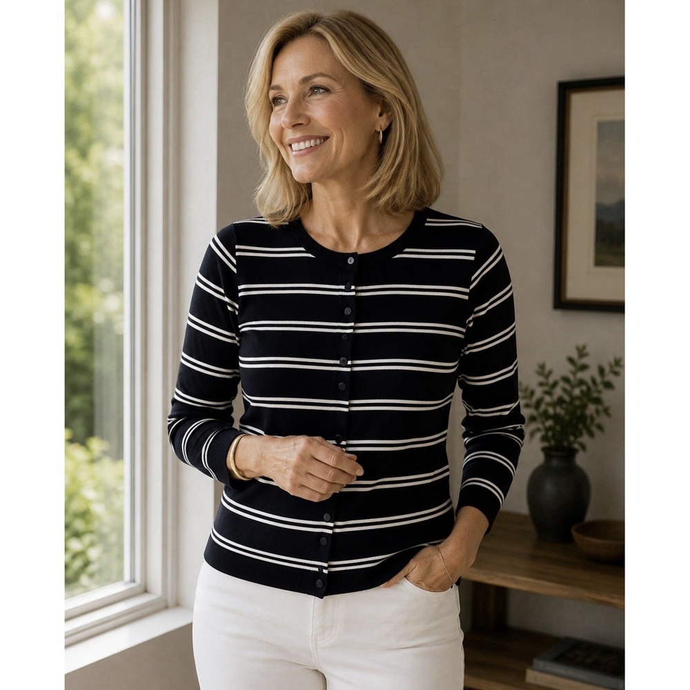 Pre-Owned Talbots Black with White stripes Size MP Button Down Sweater